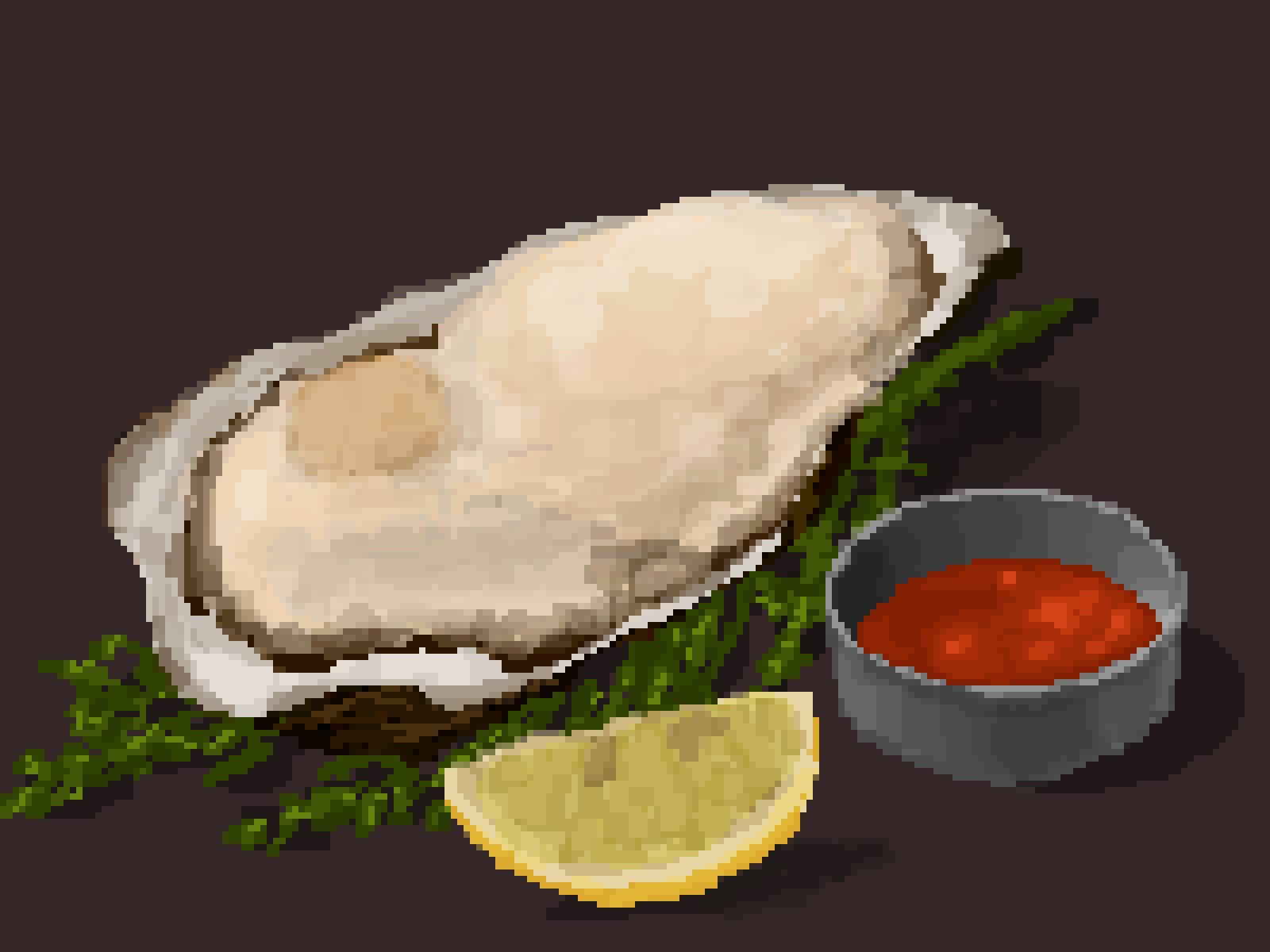 bowl food fruit garnish highres hisachan55cute lemon lemon_slice no_humans original oyster pixel_art sauce scenery seafood shell_casing simple_background