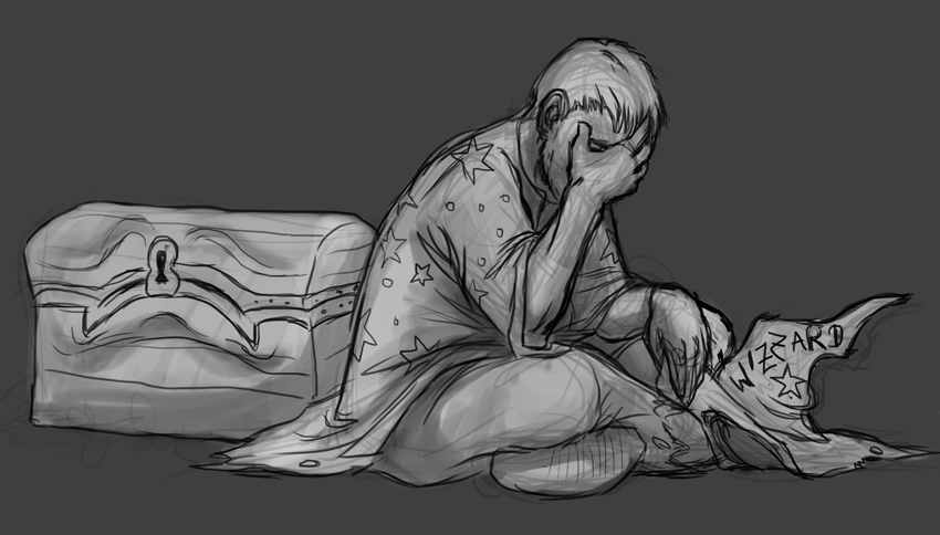 1boy atan crying discworld english_text fantasy greyscale hat male_focus monochrome pectorals rincewind sad terry_pratchett the_luggage treasure_chest wizard wizard_hat