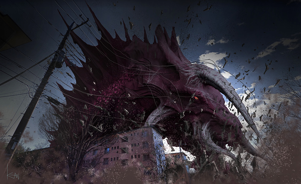 all_fours building claws colored_sclera concept_art debris destruction dirt dust emaciated engi_(animation_studio) fins full_body gamera_(series) gamera_-rebirth- giant giant_monster glowing glowing_eyes horns jiger kadokawa kaiju monster no_humans official_art power_lines promotional_art red_eyes red_sclera rubble signature takahama_kan teeth transformer tree tusks yellow_eyes