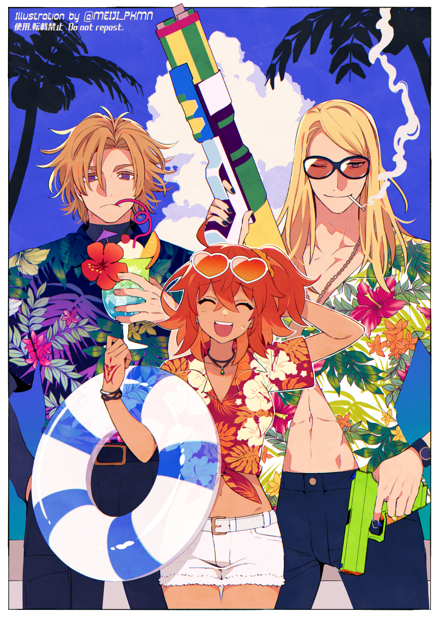 1girl 2boys ;) ^_^ abs arm_behind_head artist_name asymmetrical_dual_wielding belt black-framed_eyewear black_belt black_nails black_pants black_shirt blonde_hair blue_sky border brown_hair cherry chromatic_aberration cigarette closed_eyes cloud cloudy_sky cocktail_umbrella command_spell cowboy_shot crazy_straw cup daybit_sem_void drink drinking drinking_glass drinking_straw drinking_straw_in_mouth dual_wielding eyewear_on_head fate/grand_order fate_(series) finger_on_trigger floral_print flower food frown fruit fujimaru_ritsuka_(female) fujimaru_ritsuka_(female)_(tropical_summer) hair_ornament hair_scrunchie hand_up hawaiian_shirt head_tilt heart heart-shaped_eyewear hibiscus hibiscus_print highres holding holding_swim_ring holding_water_gun hurricane_glass innertube jewelry layered_sleeves leaf_print long_hair long_sleeves looking_at_viewer medium_hair meiji_ken midriff multiple_boys nail_polish navel necklace nervous_smile one_eye_closed one_side_up open_mouth orange-tinted_eyewear orange_hair orange_scrunchie outdoors outside_border palm_tree pants partially_unbuttoned print_shirt purple_eyes red_flower scrunchie shirt short_hair short_over_long_sleeves short_sleeves shorts sky smile smoke smoking sunglasses sweat swim_ring tan tezcatlipoca_(fate) tied_shirt tinted_eyewear toned toned_male tree tropical_drink twitter_username undershirt watch water_gun white-framed_eyewear white_belt white_border white_shirt white_shorts wristwatch