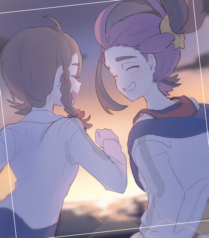 1boy 1girl ahoge blurry blurry_background braid brown_hair closed_eyes cloud commentary_request grin happy jacket juliana_(pokemon) kieran_(pokemon) long_sleeves loose_hair_strand multicolored_hair mxkjxm_(nhss2337) nintendo pants pokemon pokemon_sv purple_hair red_shirt shirt sky sleeveless sleeveless_shirt smile teeth twilight two-tone_hair white_jacket white_shirt