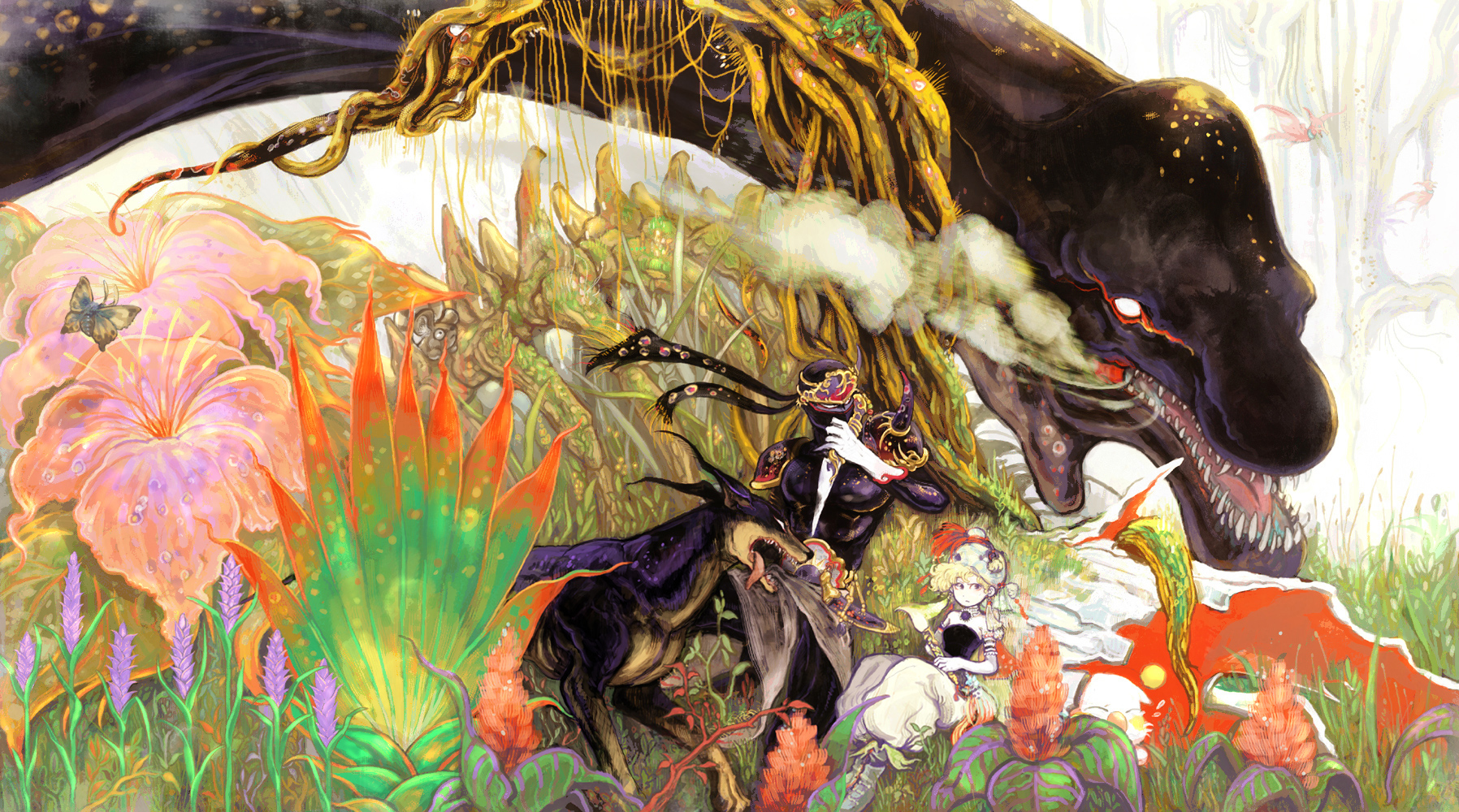 1boy 1girl 1other animal bad_id bad_pixiv_id black_bodysuit blonde_hair bodysuit bug butterfly child dagger dobermann dog father_and_daughter final_fantasy final_fantasy_vi gloves hat highres holding holding_dagger holding_knife holding_weapon insect interceptor_(ff6) knife leaf mask monster mouth_mask muscular muscular_male nijiyou ninja ninja_mask outdoors pants pectorals plant puffy_pants relm_arrowny shadow_(ff6) sharp_teeth shirt short_hair smoke strapless strapless_shirt teeth tongue tongue_out tree weapon