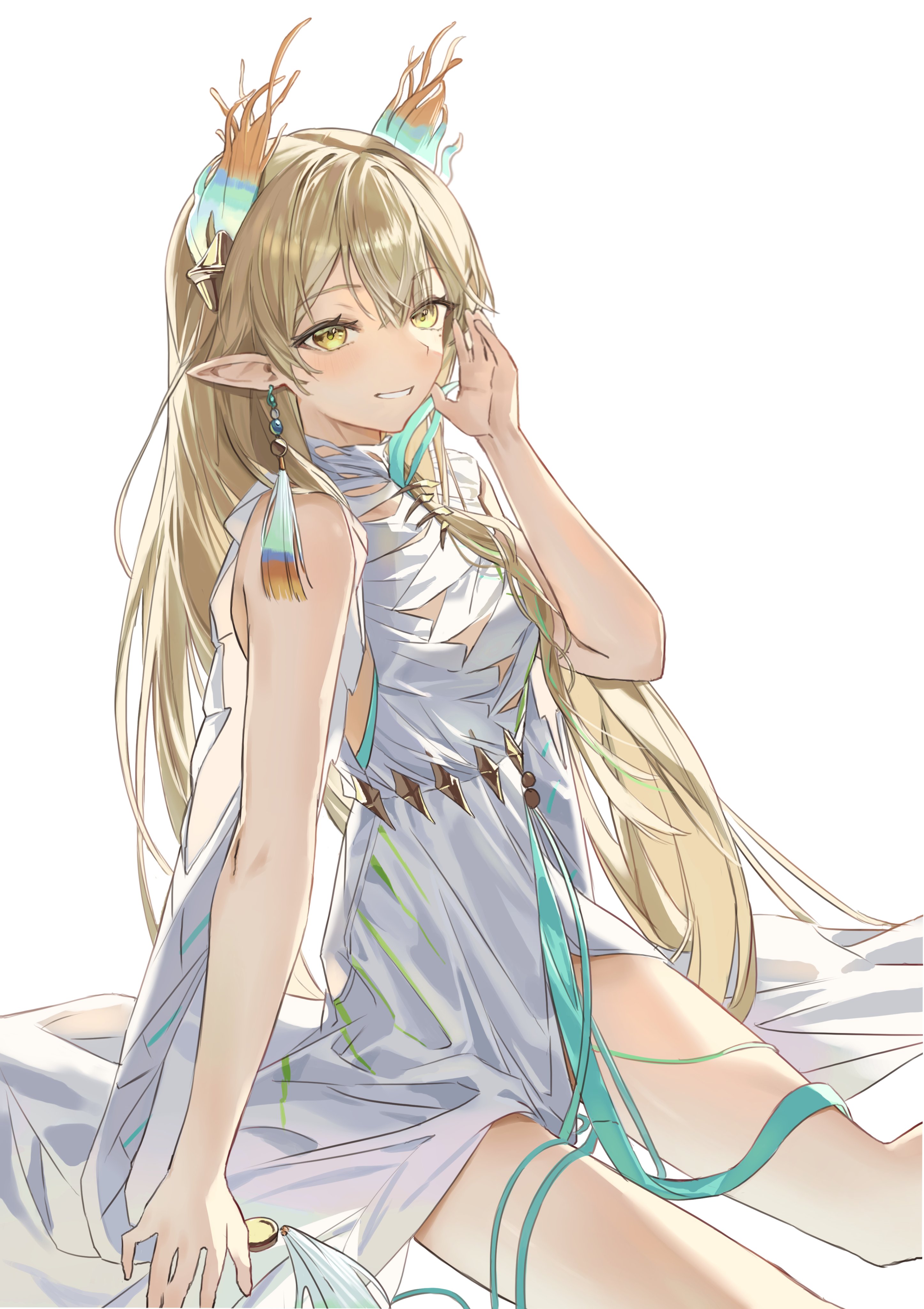 1girl :d absurdres arknights arm_up bare_shoulders blonde_hair blush commentary commission cowboy_shot dress earrings ehdghks500 elf green_ribbon grin hair_between_eyes highres jewelry long_hair looking_at_viewer muelsyse_(arknights) muelsyse_(young_branch)_(arknights) official_alternate_costume open_mouth pointy_ears ribbon simple_background sitting smile solo white_background white_dress yellow_eyes