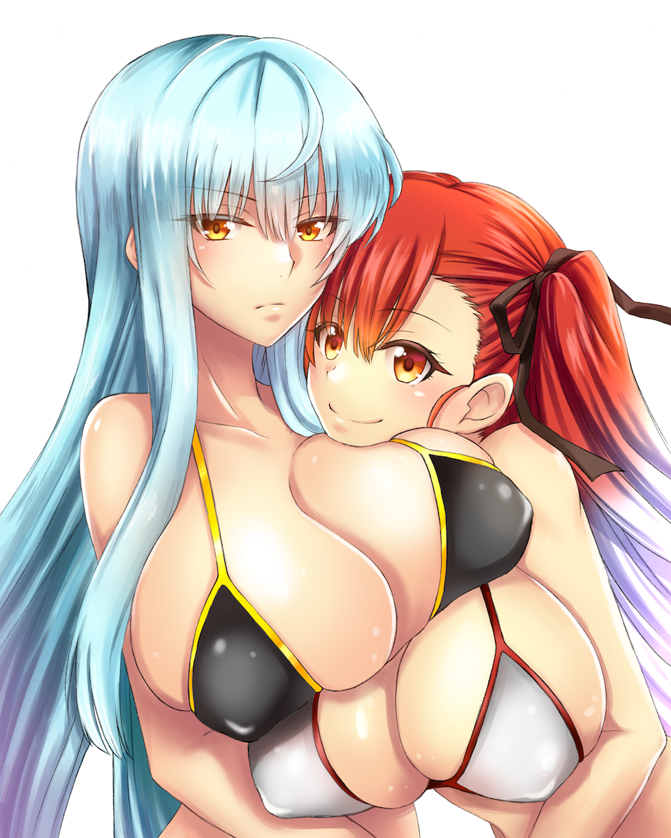 00s 10s 2girls asymmetrical_docking bikini black_bikini black_ribbon blue_hair breast_pillow breast_press breast_rest breasts bursting_breasts cleavage closed_mouth collarbone covered_erect_nipples expressionless eyebrows female_focus from_side gradient_hair hair_between_eyes hair_ornament hair_ribbon head_rest highres huge_breasts leaning_forward light_smile long_hair looking_at_viewer multicolored_hair multiple_girls one_side_up orange_eyes red_eyes red_hair ribbon riela_marcellis selvaria_bles senjou_no_valkyria senjou_no_valkyria_(series) senjou_no_valkyria_3 side_ponytail sideboob sidelocks simple_background skindentation smile straight_hair string_bikini swimsuit takecha upper_body very_long_hair white_background white_bikini white_hair yellow_eyes