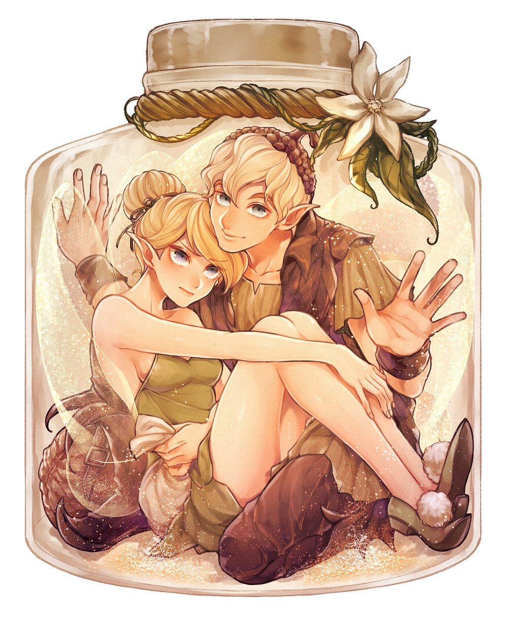 1boy 1girl bare_shoulders blonde_hair blouse blue_eyes bottle breasts brown_headwear brown_pants disney_fairies_(film_series) dress flower green_dress green_shirt highres in_bottle in_container in_jar jar mizala pants pointy_ears shirt shoes simple_background small_breasts terence_(disney_fairies) tinker_bell_(disney) walt_disney&#039;s_peter_pan white_background