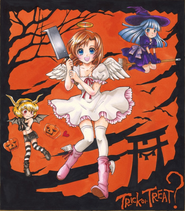 3girls angel angel_wings bad_id bad_pixiv_id bat_wings billhook blonde_hair blue_eyes blue_hair broom cosplay demon demon_girl dress furude_rika gintarou_(puipuiginta) halloween halo hashitsuki_nata hat hatchet heart higurashi_no_naku_koro_ni horns houjou_satoko jack-o&#039;-lantern multiple_girls nata_(tool) orange_background pumpkin red_eyes red_hair ryuuguu_rena striped_clothes striped_legwear striped_thighhighs thighhighs trick_or_treat wings witch witch_hat zettai_ryouiki