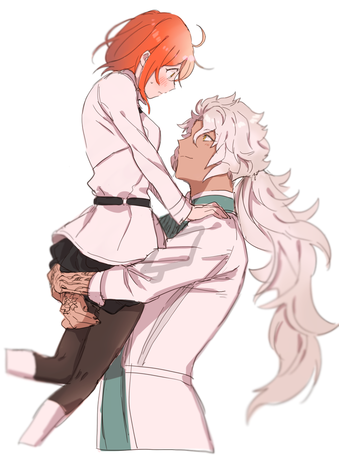 1boy 1girl ahoge arm_tattoo belt black_belt black_skirt blurry_edges blush chaldea_uniform closed_mouth coat cosplay cropped_legs dark-skinned_male dark_skin eye_contact fate/grand_order fate_(series) from_side fujimaru_ritsuka_(female) hand_tattoo hands_on_another&#039;s_shoulders hetero lifting_person long_hair long_sleeves looking_at_another orange_hair romani_archaman romani_archaman_(cosplay) shirt short_hair simple_background skirt smile solomon_(fate) tattoo wani_(mezo) wavy_hair white_background white_coat white_hair white_shirt yellow_eyes