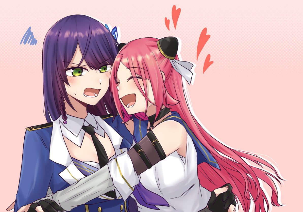 2girls :d ^_^ annoyed arm_belt assault_lily bare_shoulders belt black_belt black_choker black_gloves black_necktie blue_jacket blue_sailor_collar blush braid breasts butterfly_hair_ornament choker closed_eyes commentary_request crop_top detached_collar detached_sleeves epaulettes funada_kiito gloves green_eyes grey_shirt hair_ornament hairpods halftone halftone_background hands_up heads_together heart hug jacket layered_sleeves long_hair long_sleeves looking_at_another lower_teeth_only medium_breasts mole mole_under_eye multiple_girls neckerchief necktie nigari_(ngari_0115) o-ring o-ring_choker odaiba_girls_high_school_uniform open_mouth partially_fingerless_gloves pink_background purple_hair purple_neckerchief red_hair sailor_collar school_uniform serafuku shiba_tomoshibi shirt side_braid single_braid sleeveless sleeveless_shirt smile squiggle sweatdrop teeth undershirt upper_body v-shaped_eyebrows white_shirt yuri