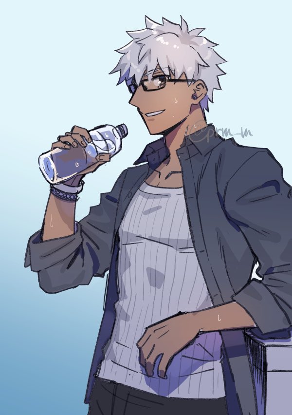 1boy @_(symbol) archer_(fate) archer_(summer_casual)_(fate) artist_name black-framed_eyewear black_pants blue_background bottle collarbone collared_shirt dark-skinned_male dark_skin fate/grand_order fate/stay_night fate_(series) glasses gradient_background grey_eyes hikaru_(asteriskring) holding holding_bottle layered_shirt leaning_back male_focus open_clothes open_shirt pants rectangular_eyewear ribbed_shirt shirt simple_background smile solo spiked_hair sweat tan twitter_username water_bottle white_hair