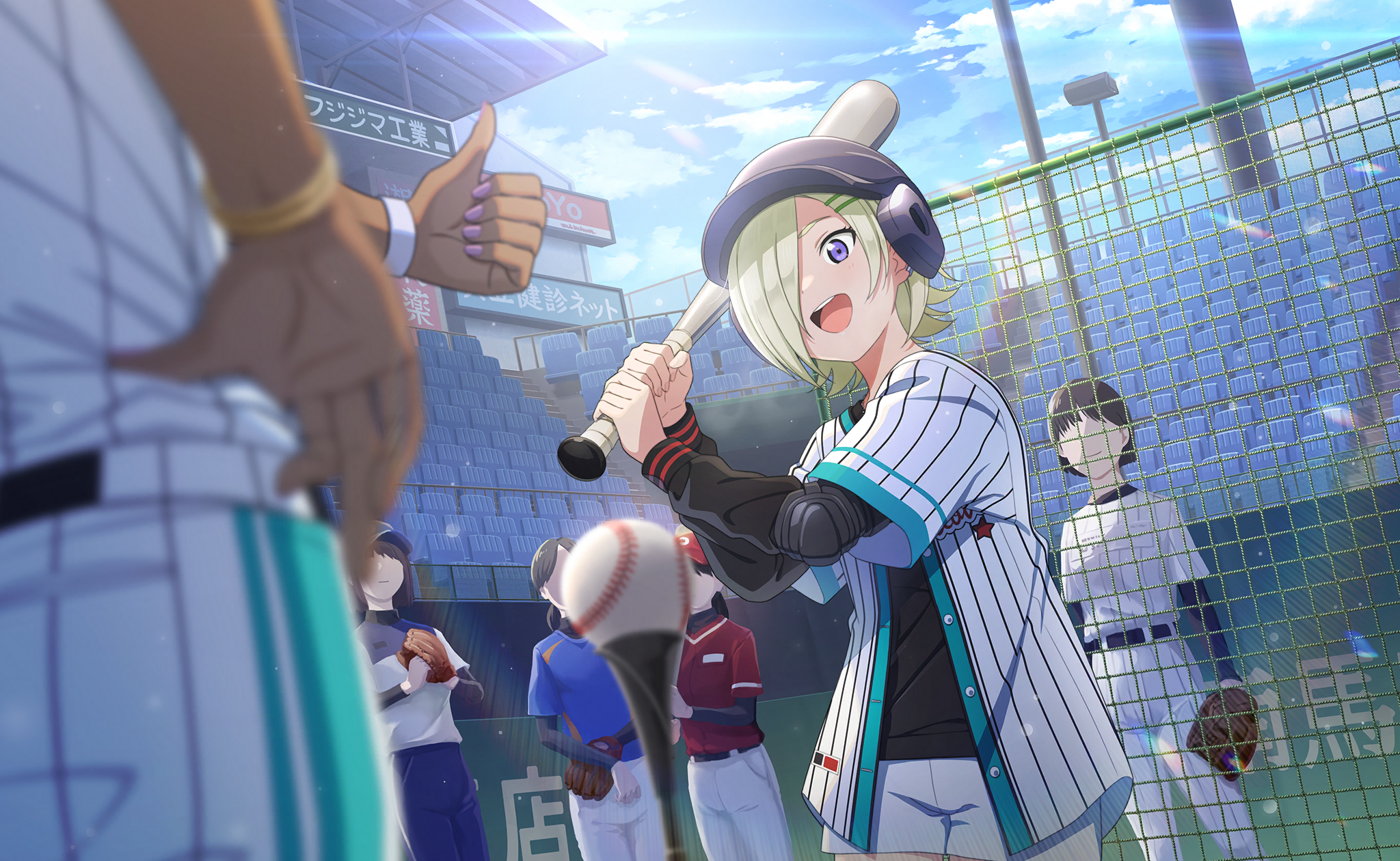 1other 5girls ball baseball baseball_(object) baseball_bat baseball_cap baseball_glove baseball_helmet baseball_jersey baseball_stadium baseball_uniform belt black_belt black_hair black_helmet black_shirt black_undershirt blonde_hair blue_hat blue_pants blue_sky blurry blurry_foreground cloud dark_skin depth_of_field dutch_angle ear_piercing elbow_pads faceless faceless_female from_below hair_ornament hair_over_one_eye hairclip hand_on_own_hip hands_up hat helmet highres holding holding_baseball_bat jacket jersey lens_flare light_particles long_sleeves love_live! love_live!_nijigasaki_high_school_idol_club love_live!_school_idol_festival_2 metal_baseball_bat mia_taylor multiple_girls net official_art one_eye_covered open_clothes open_mouth outdoors pants parted_bangs piercing pink_nails playing_sports purple_eyes red_hat red_shirt shirt shirt_under_shirt short_hair short_sleeves shorts sky smile solo_focus sparkle sportswear standing striped_clothes striped_pants striped_shirt swinging teeth thumbs_up turtleneck upper_teeth_only vertical-striped_clothes vertical-striped_pants white_shorts wristband