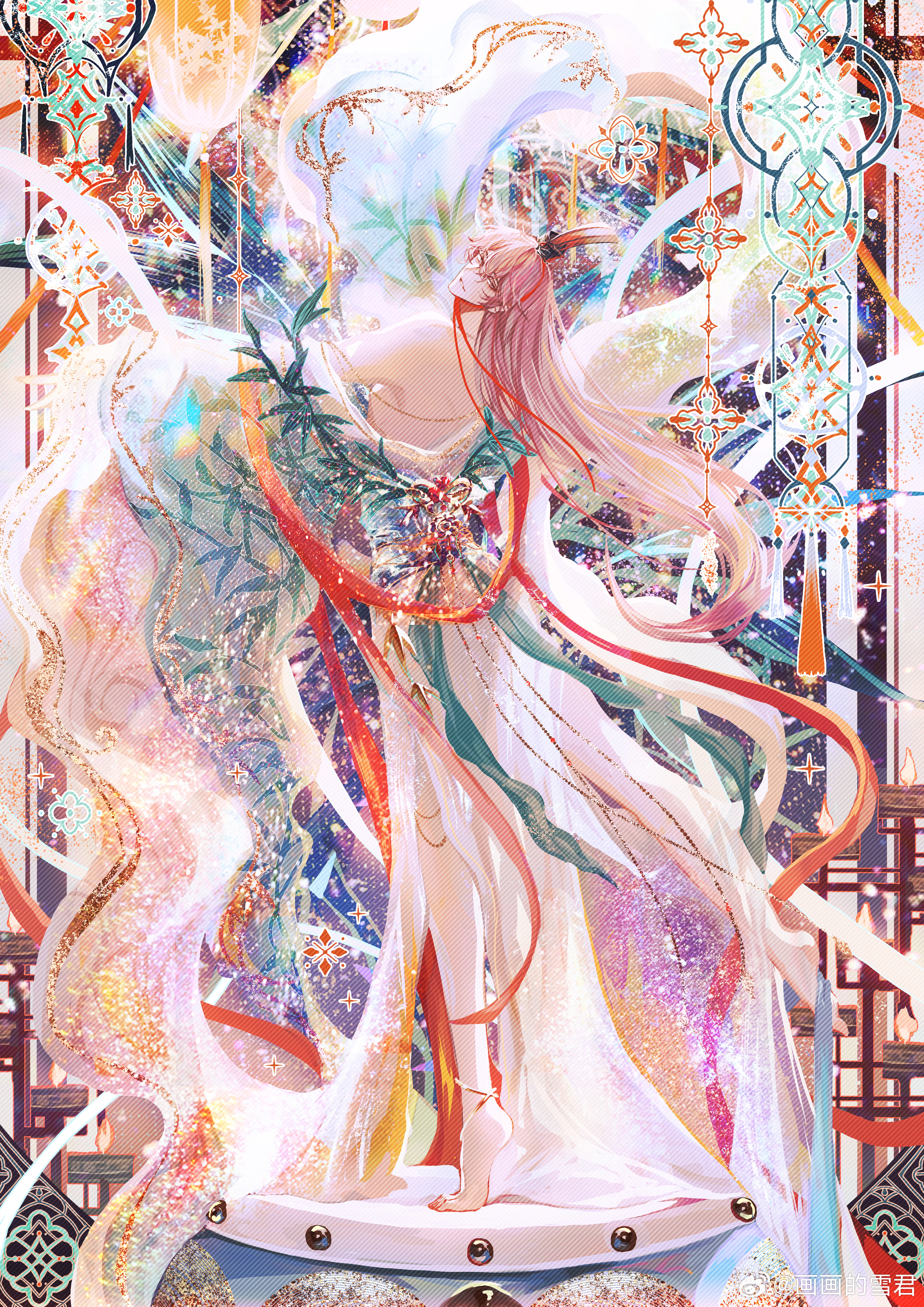 1boy absurdres anklet bamboo bamboo_print barefoot blue_sash brown_eyes brown_hair candle chin_strap chinese_clothes code:_kite dancing from_behind full_body hair_between_eyes hanfu highres jewelry lattice leaf_print leg_up light_particles long_hair long_sleeves looking_at_another looking_at_viewer male_focus maple_leaf_print mobile mole mole_under_eye multicolored_clothes multicolored_robe off_shoulder open_clothes open_robe orange_background orange_shawl outstretched_arms parted_lips robe sash shawl single_bare_shoulder smile snow234 solo spread_arms standing standing_on_one_leg tassel thighlet tiptoes water_sleeves watermark weibo_watermark white_robe wide_sleeves xiao_guan_(headdress) yuan_ji_(code:_kite)