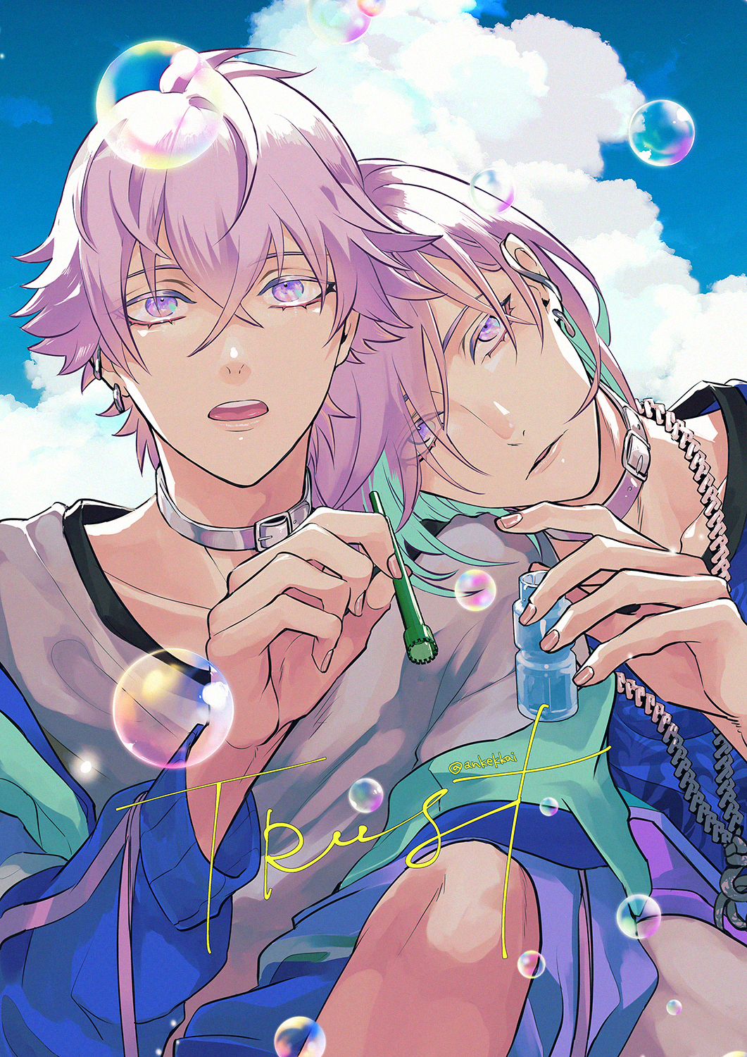 2boys ankekkai blowing_bubbles brothers bubble chain chain_necklace choker cloud cozmez_(paradox_live) day ear_piercing earrings hair_between_eyes head_on_another&#039;s_shoulder head_tilt highres holding jacket jewelry long_sleeves looking_at_viewer male_focus multicolored_hair multiple_boys necklace open_mouth paradox_live piercing purple_eyes purple_hair purple_jacket shirt short_hair siblings sky snake_earrings twitter_username white_choker white_shirt yatonokami_kanata yatonokami_nayuta