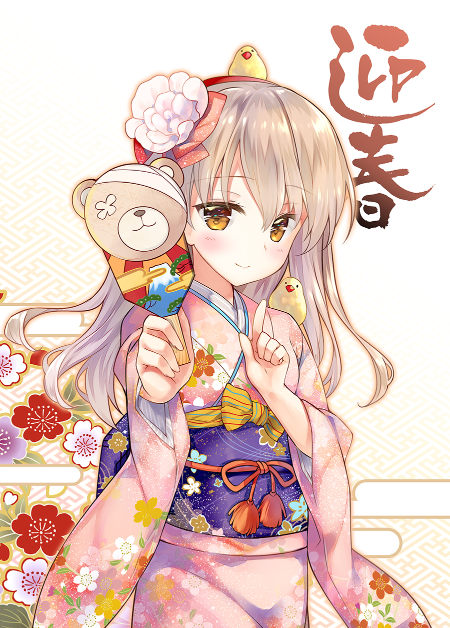 10s 1girl animal animal_on_head animal_on_shoulder bandages bird bird_on_head bird_on_shoulder blush boko_(girls_und_panzer) bow brown_eyes brown_hair chick chinese_zodiac closed_mouth cowboy_shot egasumi flat_chest floral_background floral_print flower furisode girls_und_panzer hagoita hair_between_eyes hair_flower hair_ornament hairband hanetsuki highres holding index_finger_raised japanese_clothes kimono koi_dance light_brown_hair long_hair long_sleeves looking_at_viewer macedonian_flag mount_fuji new_year obi on_head outstretched_arm paddle pink_kimono rei_(rei&#039;s_room) sash sayagata shimada_arisu smile striped_bow sunburst swept_bangs tassel translated year_of_the_rooster
