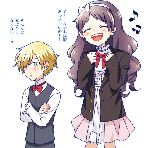 1boy 1girl blonde_hair blue_eyes blush bow bowtie chloe_ardenne chloe_no_requiem closed_eyes cosplay costume_switch crossed_arms formal_clothes long_hair lowres michel_d&#039;alembert musical_note open_mouth poke_nk purple_hair short_hair sidelocks simple_background skirt smile suit translation_request white_background