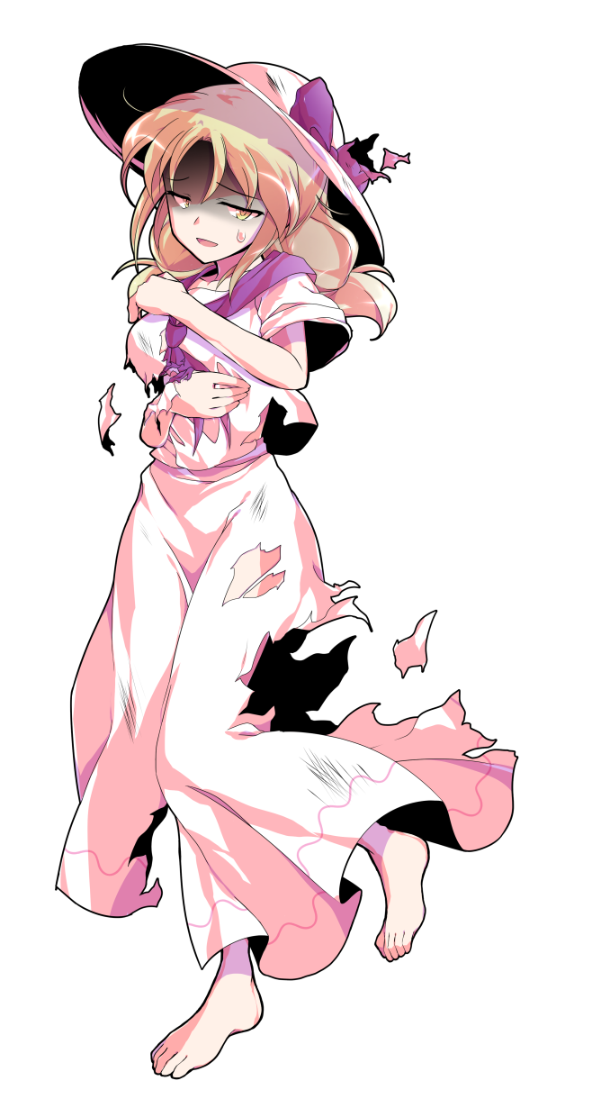 1girl barefoot blonde_hair bow commentary_request dairi dress full_body hat hat_bow highres large_variant_set long_hair looking_at_viewer louise_(touhou) neckerchief open_mouth purple_bow purple_neckerchief shaded_face short_sleeves solo standing sweatdrop torn_bow torn_clothes torn_dress torn_neckerchief touhou touhou_(pc-98) transparent_background variant_set white_dress white_hat yellow_eyes