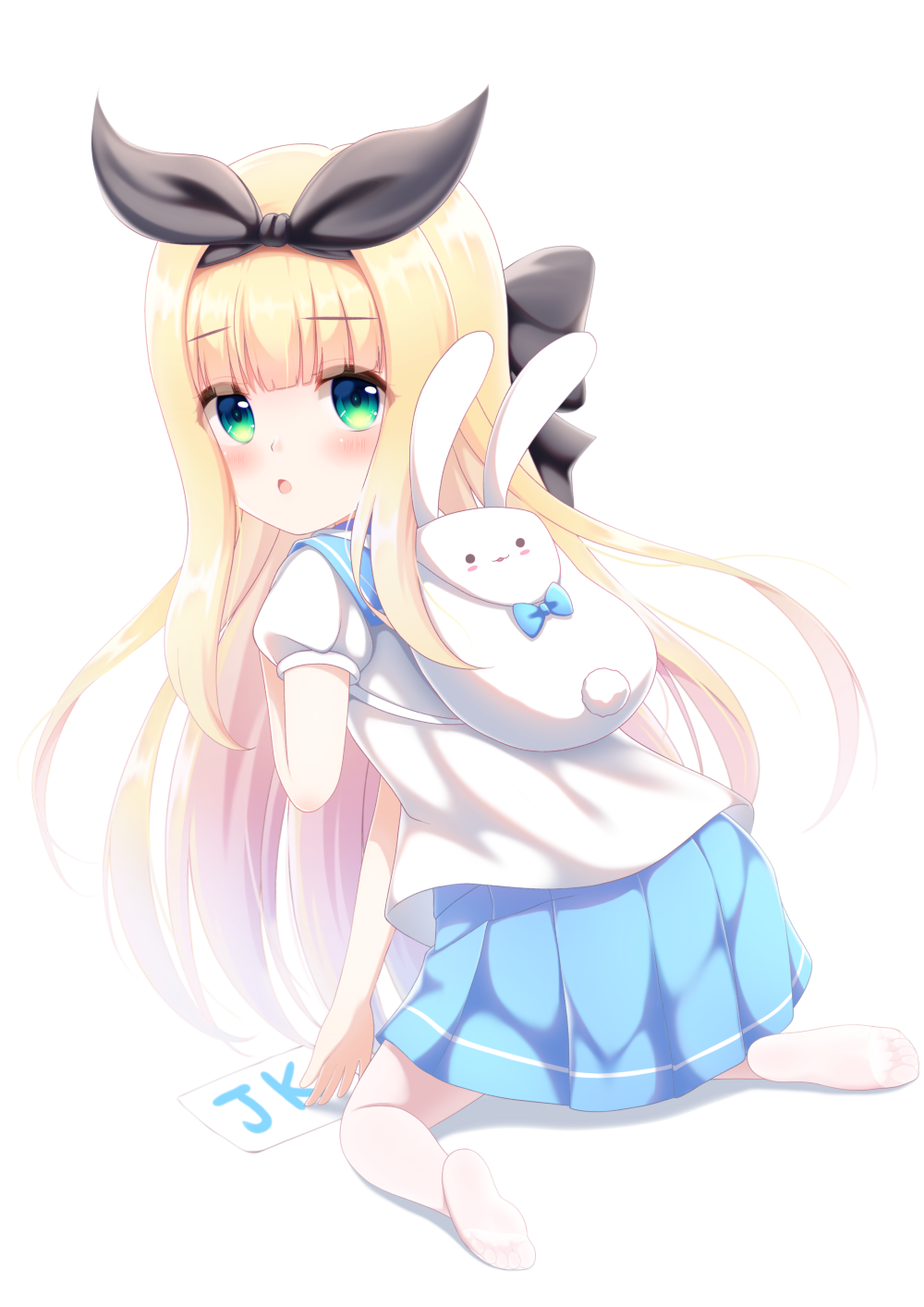 1girl animal_bag backpack bag black_bow blonde_hair blue_sailor_collar blue_skirt blush bow hair_bow highres long_hair looking_at_viewer looking_back mononobe_alice nijisanji open_mouth rabbit_bag sailor_collar shirt sidelocks skirt solo very_long_hair virtual_youtuber white_background white_shirt yottacc