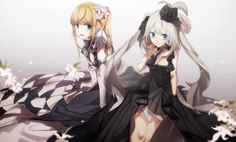 1boy 1girl bare_arms bare_shoulders black_dress black_gloves blonde_hair blue_eyes blush breasts chevalier_d&#039;eon_(fate) closed_mouth commentary_request crossdressing dress elbow_gloves fate/grand_order fate_(series) flower gloves green_eyes grey_background hair_flower hair_ornament long_hair looking_at_viewer marie_antoinette_(fate) marie_antoinette_(formal_dress)_(fate) medium_breasts no-kan official_alternate_costume parted_lips silver_hair sitting smile trap white_gloves