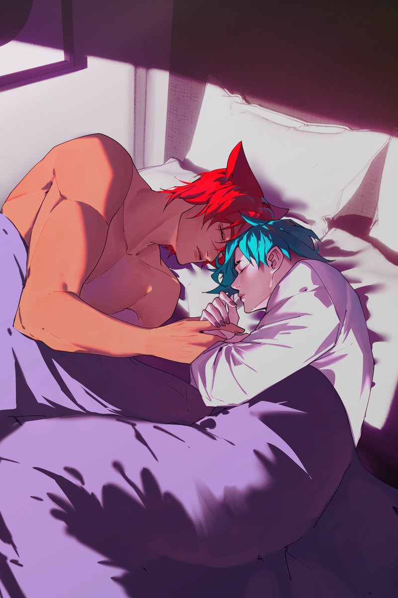 2boys animal_ears aphelios bare_shoulders bed biceps blue_hair closed_eyes collarbone commentary couple curled_fingers english_commentary heads_together heartsteel_(league_of_legends) heartsteel_aphelios heartsteel_sett highres holding_hands jjolee league_of_legends long_sleeves lying male_focus multiple_boys nail_polish on_side painting_(object) parted_lips pectorals pillow red_hair sett_(league_of_legends) shirt sleeping sunlight topless_male under_covers white_shirt yaoi