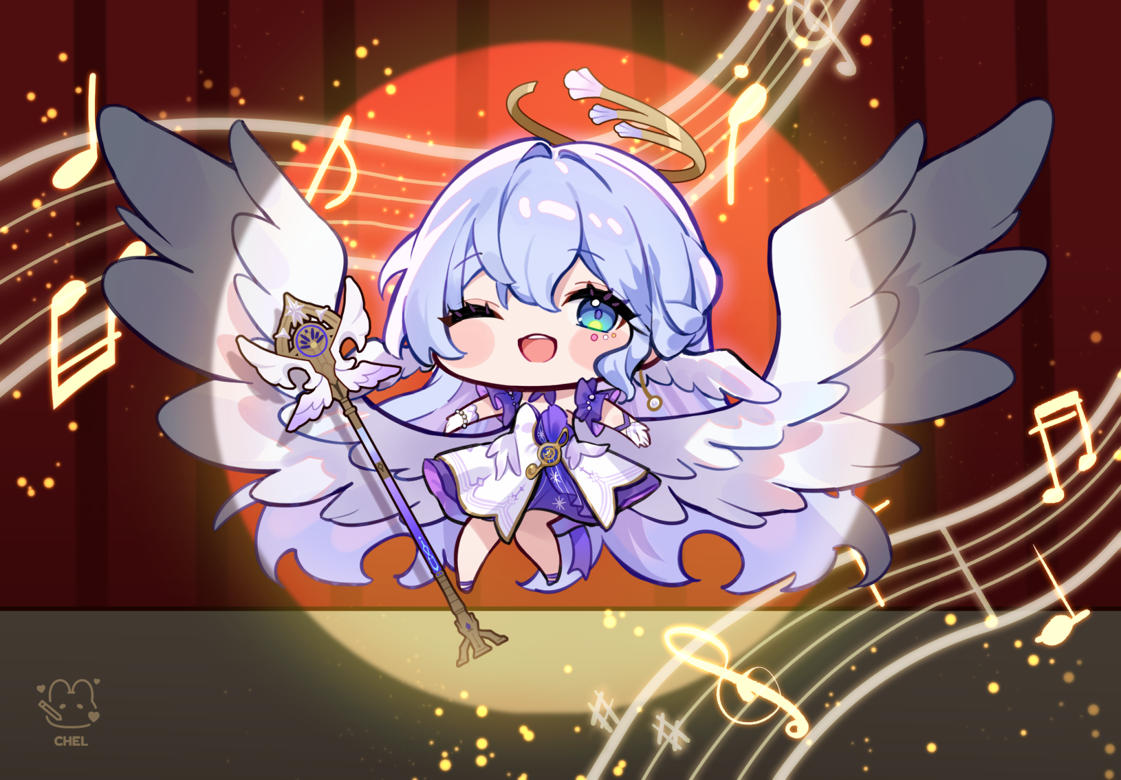 1girl ;d beamed_sixteenth_notes blue_dress blue_eyes blue_hair blush_stickers bracelet cheli_(kso1564) chibi commentary dress eighth_note feathered_wings gloves hair_between_eyes halo highres honkai:_star_rail honkai_(series) jewelry long_hair looking_at_viewer musical_note one_eye_closed open_mouth pearl_bracelet quarter_note robin_(honkai:_star_rail) smile solo treble_clef very_long_hair white_gloves white_wings wings
