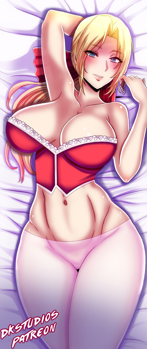 1girl bed blonde_hair blue_eyes blush breasts bustier cleavage collarbone dakimakura_(medium) dead_or_alive dkstudios05 grin helena_douglas large_breasts lingerie long_hair looking_at_viewer lying navel pantyhose pink_pantyhose ponytail smile solo teeth underwear