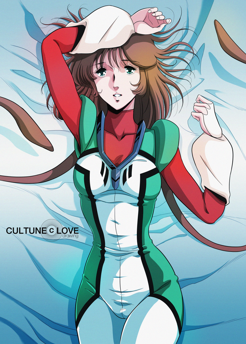 1980s_(style) 1girl bed bed_sheet bodysuit breasts brown_hair choujikuu_seiki_orguss emaan green_eyes grin highres medium_breasts mikimoto_haruhiko_(style) mimsy_raas mutant official_style oldschool orguss prehensile_hair retro_artstyle science_fiction smile uniform waeba_yuusee