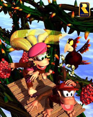 ape bird diddy_kong dixie_kong donkey_kong_(series) donkey_kong_country donkey_kong_country_2 lowres monkey nintendo official_art rareware screech