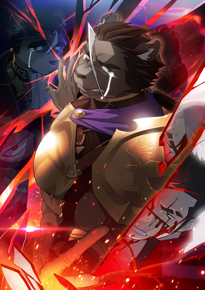 3boys absol_(dkqthf) another_eidos-r armor bald black_hair blood blood_on_face breaking fire gordov_(another_eidos) hellion_(another_eidos) injury kafka_(another_eidos) looking_at_viewer male_focus manly mature_male mirror multicolored_hair multiple_boys muscular muscular_male panther_boy scarf short_hair smirk spiked_hair tears white_hair