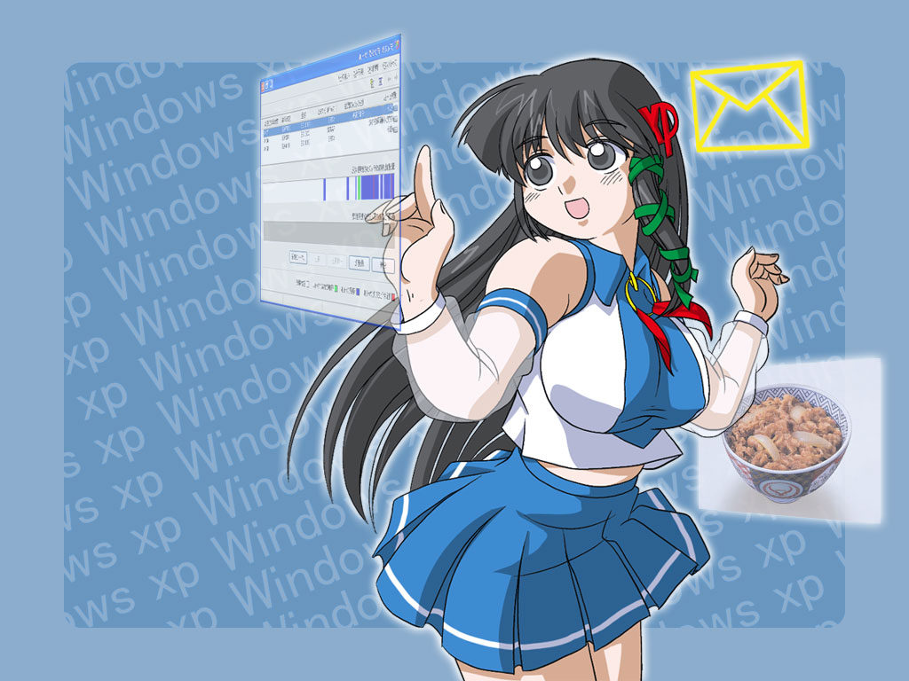 1girl bare_shoulders black_eyes black_hair blue_skirt border bowl breasts cowboy_shot defragmentation detached_sleeves envelope female_focus food gyuudon holographic_touchscreen large_breasts long_hair matching_hair/eyes microsoft_windows midriff_peek miniskirt os-tan pleated_skirt see-through_clothes see-through_sleeves skirt solo standing tagme text_background window_(computing) windows_xp xp-tan