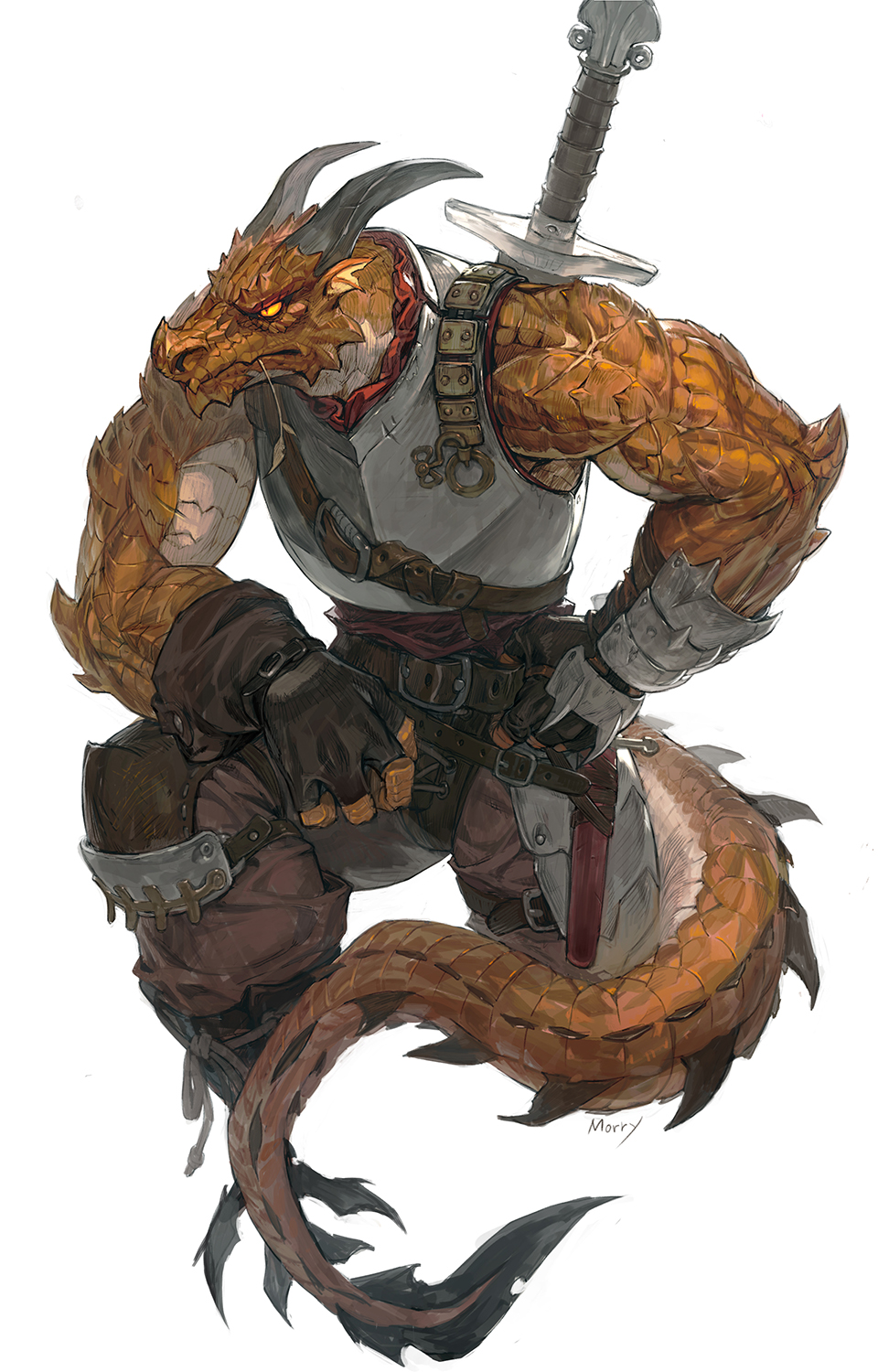 1boy armor belt dragon_boy dragon_horns dragon_tail highres horns male_focus morry original plate_armor scales scar simple_background solo sword tail weapon white_background yellow_scales