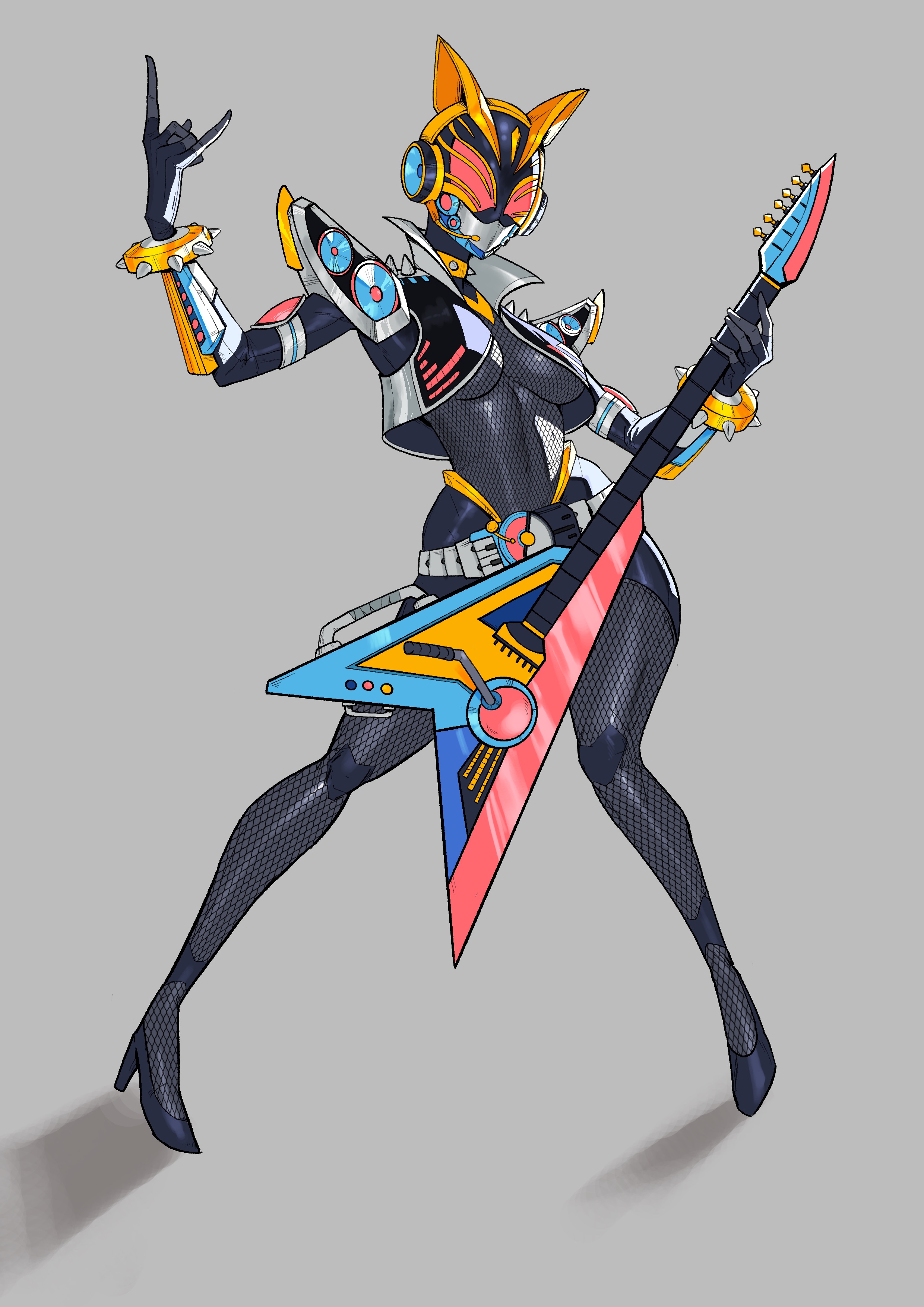 1girl \m/ absurdres animal_ears armor beat_axe beat_buckle black_bodysuit black_gloves bodysuit breasts cat_ears desire_driver rider_belt full_body gloves glowing glowing_eyes guitar high_heels highres holding holding_instrument instrument kamen_rider kamen_rider_geats_(series) kamen_rider_na-go looking_at_viewer maniaxpunk medium_breasts raise_buckle rider_belt tokusatsu