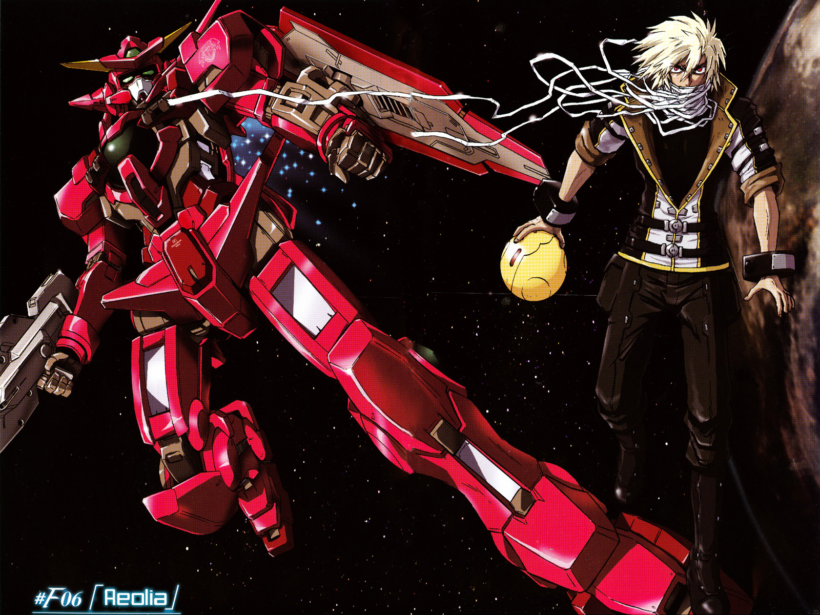 00s 1boy bandages beam_rifle blonde_hair energy_gun fon_spaak fon_spark gun gundam gundam_00 gundam_00f gundam_astraea_type-f gundam_meister_874 hanayo highres male_focus mecha red_eyes rifle robot shield weapon