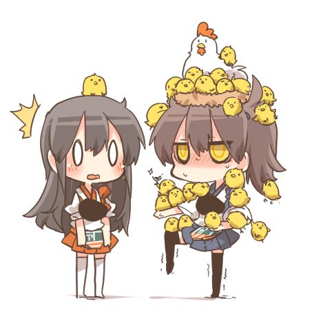 0_0 10s 2girls akagi_(kancolle) animal animal_ears animal_on_hand animal_on_head balancing bird bird_on_head black_hair blush brown_hair carrying chibi chick chicken kaga_(kancolle) kantai_collection long_hair lowres meme multiple_girls nest nest_on_head on_head open_mouth rebecca_(keinelove) shaking short_hair side_ponytail simple_background sweat too_many trembling yellow_eyes
