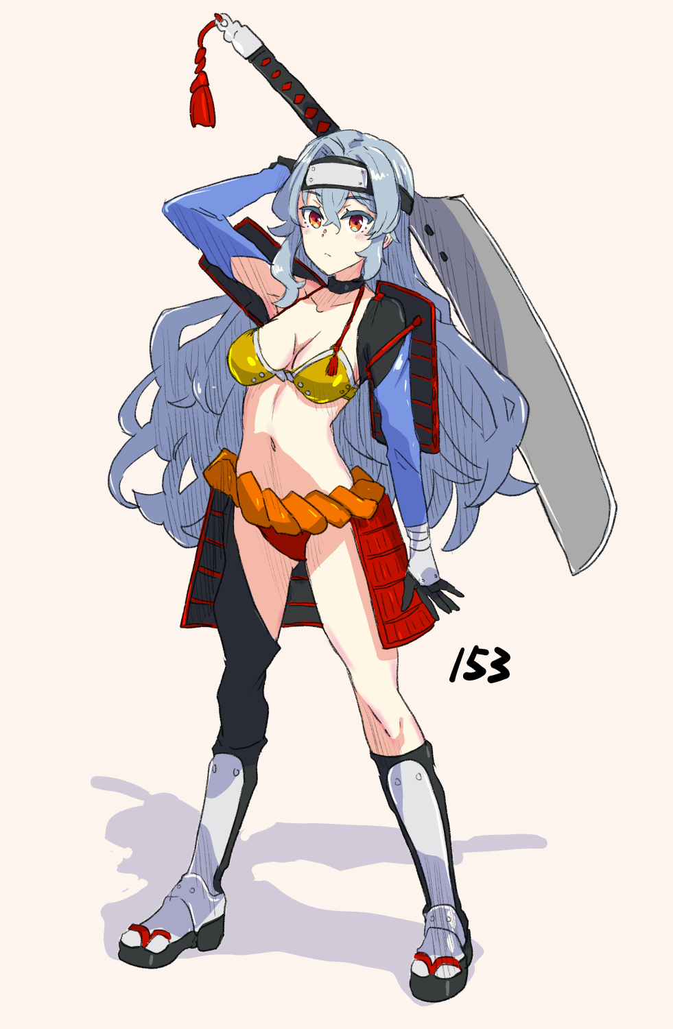 1girl adapted_costume arm_behind_head arm_up armor armored_gloves bikini_armor black_choker breasts choker closed_mouth collarbone commentary_request detached_sleeves expressionless forehead_protector full_body grey_hair highres holding holding_sword holding_weapon jack_(wkm74959) japanese_armor kusazuri long_hair looking_at_viewer medium_breasts navel red_eyes rope_belt sakata_nemuno sandals shadow shoulder_armor simple_background sode solo standing suneate sword touhou weapon zouri