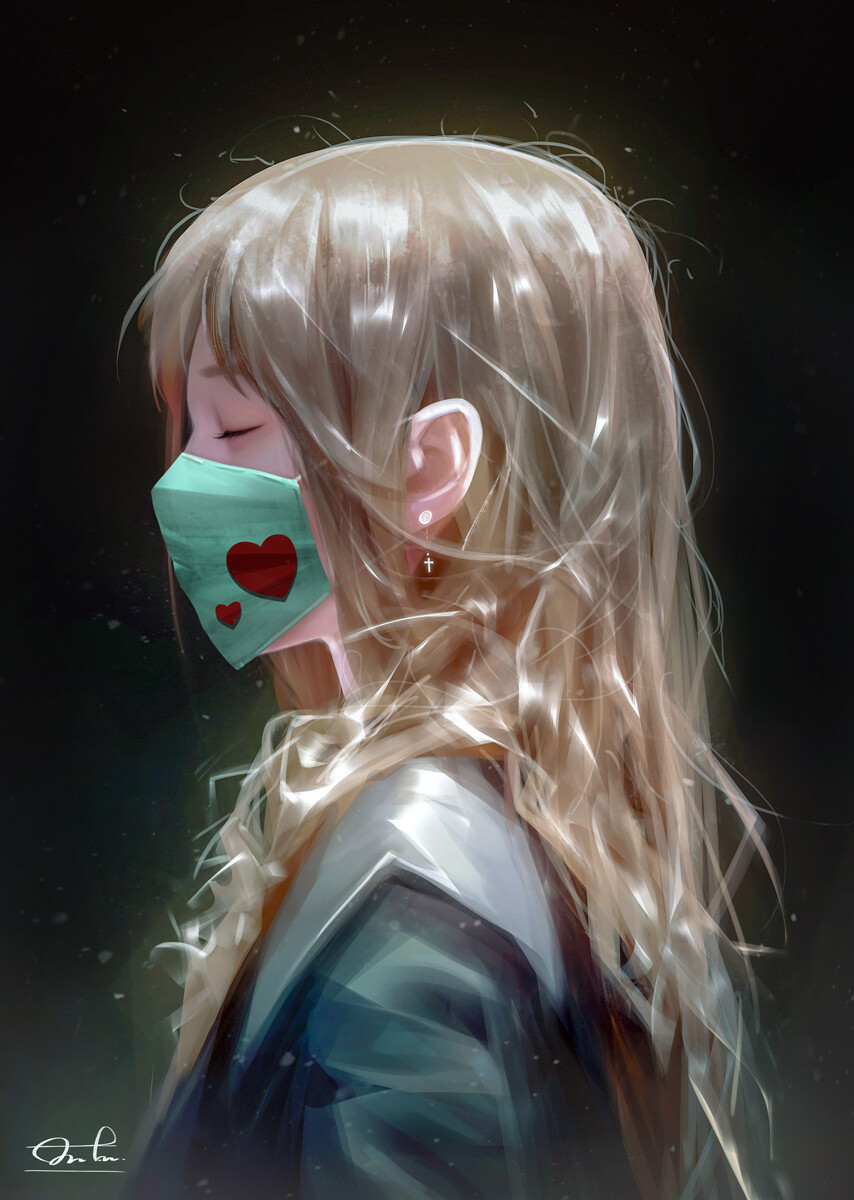 1girl blonde_hair closed_eyes dark_background earrings female_focus glowing glowing_hair heart heart_pattern highres jewelry long_hair mask messy_hair mouth_mask original portrait profile razaras realistic school_uniform signature solo surgical_mask wavy_hair