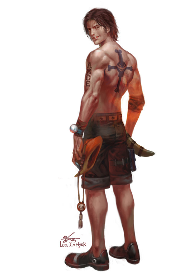 1boy arm_tattoo artist_name back_tattoo black_hair commentary cowboy_hat dagger english_commentary full_body hat holding holding_unworn_clothes holding_unworn_hat in-hyuk_lee knife log_pose looking_back male_focus one_piece orange_hat portgas_d._ace short_hair signature simple_background smile solo standing tattoo teeth topless_male unworn_hat unworn_headwear weapon white_background