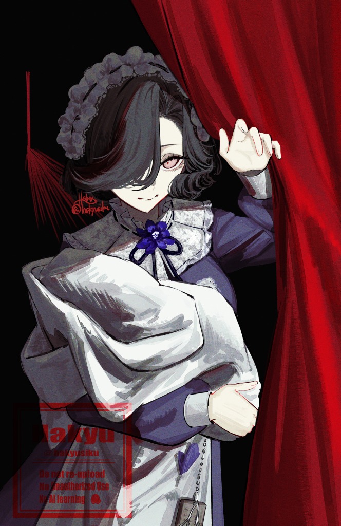 1girl black_background black_hair black_ribbon blanket closed_mouth curtains dress flower hair_over_one_eye hakyusiku hand_up holding holding_blanket neck_flower neck_ribbon one_eye_covered open_door pink_eyes purple_dress purple_flower red_light reverse:1999 ribbon short_hair solo stage_curtains swaddled tuesday_(reverse:1999) upper_body watermark