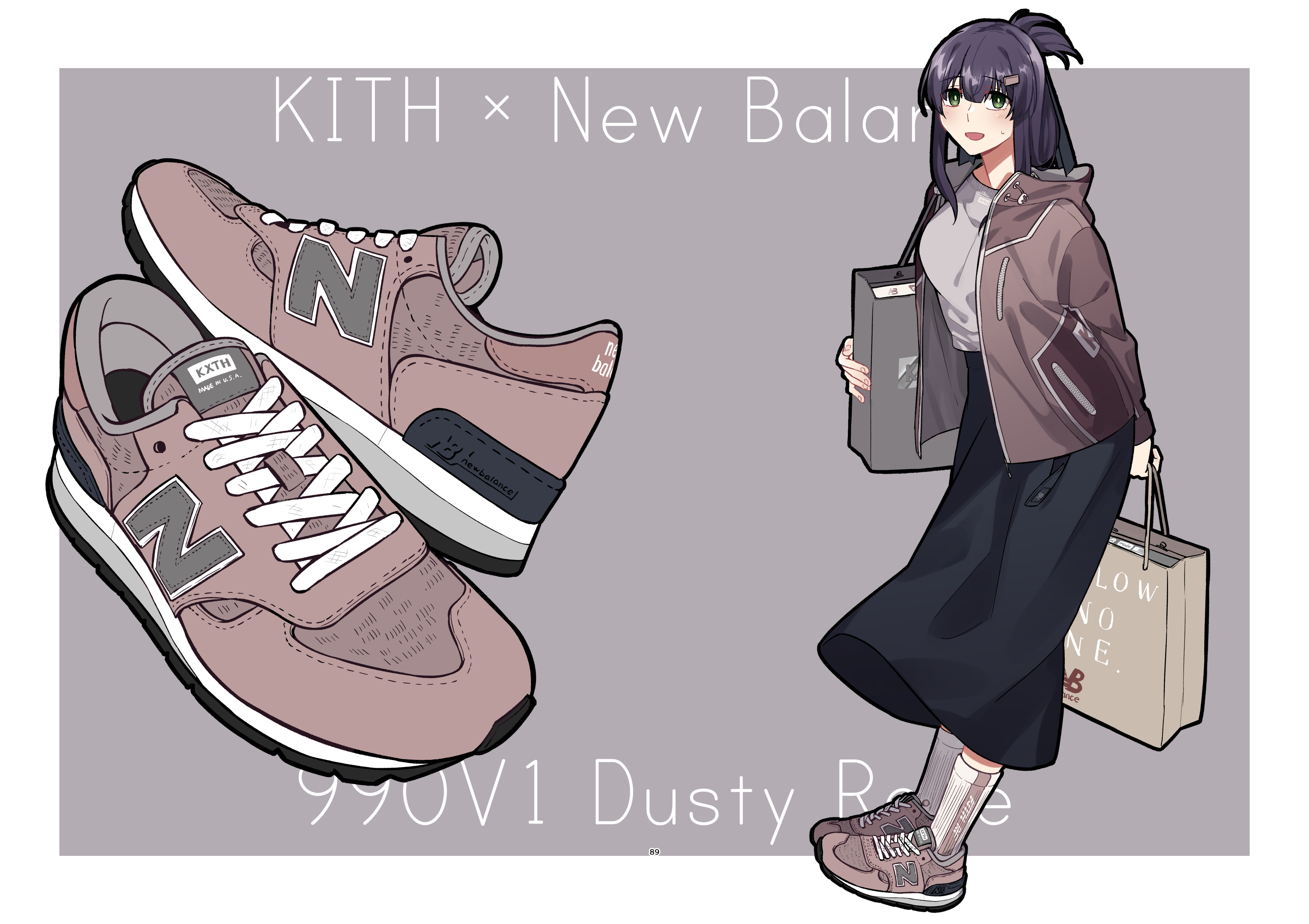 1girl absurdres bag black_skirt border breasts brown_jacket brown_shoes casual commentary_request folded_ponytail footwear_focus full_body furrowed_brow green_eyes grey_background grey_shirt highres holding holding_bag jacket jouhou large_breasts long_skirt long_sleeves looking_at_viewer new_balance open_clothes open_jacket open_mouth outside_border purple_hair shirt shoes shopping_bag simple_background skirt socks solo standing sweat toji_no_miko white_border white_socks yanase_mai