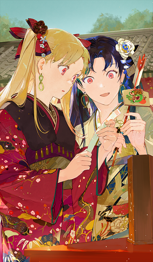 2girls arrow_(projectile) black_hair blonde_hair blue_sky craft_essence_(fate) earrings ereshkigal_(fate) fate/grand_order fate_(series) floral_print floral_print_kimono flower grey_kimono hair_flower hair_ornament hair_ribbon hamaya holding holding_arrow infinity_symbol ishtar_(fate) japanese_clothes jewelry kimono long_hair multiple_girls official_alternate_costume official_art open_mouth outdoors print_kimono red_eyes red_kimono red_ribbon ribbon sky smile tile_roof tree ukumo_uichi