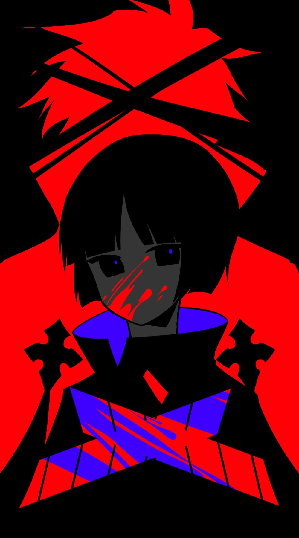 1boy assassination black_background black_hair blazblue blazblue:_central_fiction blood blood_on_clothes blood_on_face bowl_cut closed_mouth hibiki_kohaku highres jacket kagura_mutsuki looking_at_viewer male_focus military military_uniform multiple_boys poncho short_hair