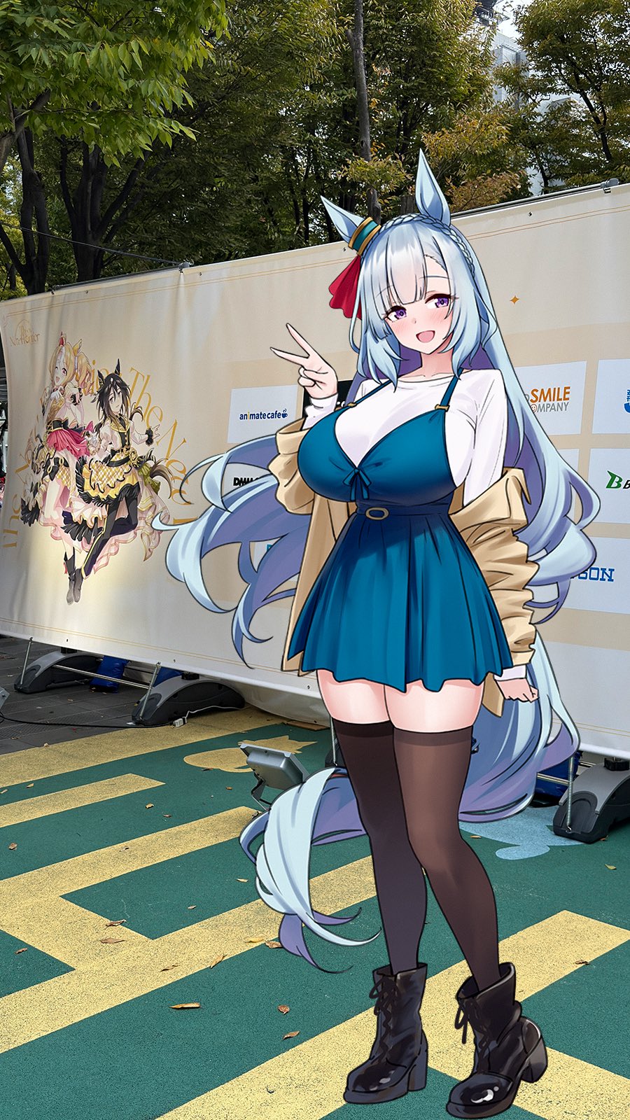 1girl alternate_costume animal_ears ankle_boots black_boots black_thighhighs blue_dress blue_eyes blue_hair blue_tail boots braid commentary_request crown_braid dress ear_ornament fusaichi_pandora_(umamusume) hand_up herohero_(higashi_no_dou) highres horse_ears horse_girl horse_tail jacket looking_at_viewer mejiro_ardan_(umamusume) off_shoulder open_mouth outdoors photo_background pinafore_dress shirt skindentation sleeveless sleeveless_dress smile solo stay_gold_(umamusume) tail thighhighs umamusume v white_shirt yellow_jacket zettai_ryouiki