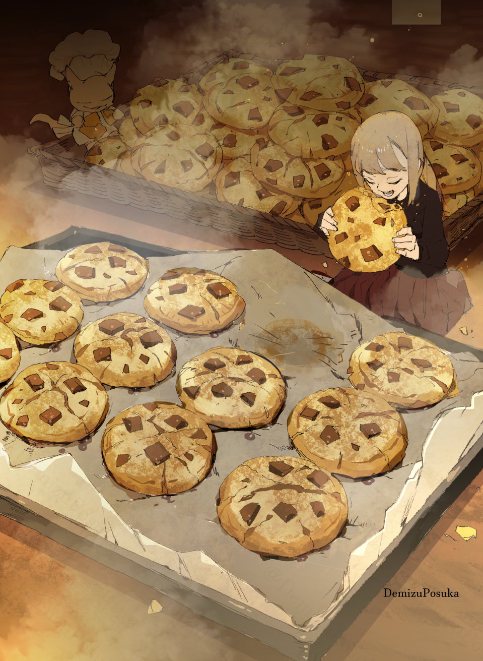 1girl artist_name black_shirt chef_hat chocolate_chip_cookie closed_eyes cookie creature demizu_posuka eating food food_focus grey_hair hat highres mini_person minigirl open_mouth original red_skirt shirt skirt steam