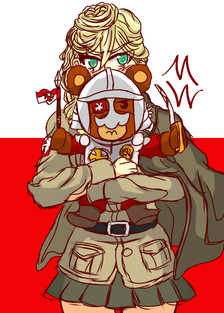 1girl armor artist_request belt belt_buckle blonde_hair blush boko_(girls_und_panzer) bonple_(emblem) bonple_military_uniform brown_belt brown_jacket buckle cape covering_own_mouth eyepatch flag_background girls_und_panzer girls_und_panzer_ribbon_no_musha green_cape green_eyes green_skirt hair_bun helmet highres holding holding_stuffed_toy jacket jajka_(girls_und_panzer) long_hair miniskirt pleated_skirt poland polish_flag skirt stuffed_animal stuffed_toy teddy_bear winged_hussar
