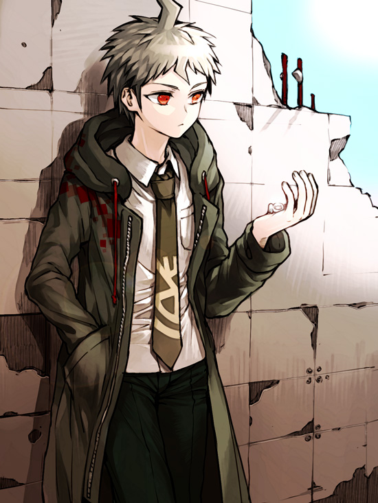 10s 1boy ahoge bad_id bad_pixiv_id brown_hair cosplay danganronpa_(series) danganronpa_2:_goodbye_despair hinata_hajime hood hoodie jacket jewelry kamukura_izuru komaeda_nagito komaeda_nagito_(cosplay) male_focus necktie red_eyes ring solo spoilers zakki