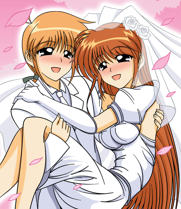 blonde_hair blue_eyes blush breasts bridal_veil bride brown_hair carrying dress hetero large_breasts long_hair looking_at_viewer lyrical_nanoha mahou_shoujo_lyrical_nanoha_strikers open_mouth princess_carry smile takamachi_nanoha veil wedding wedding_dress yuuno_scrya