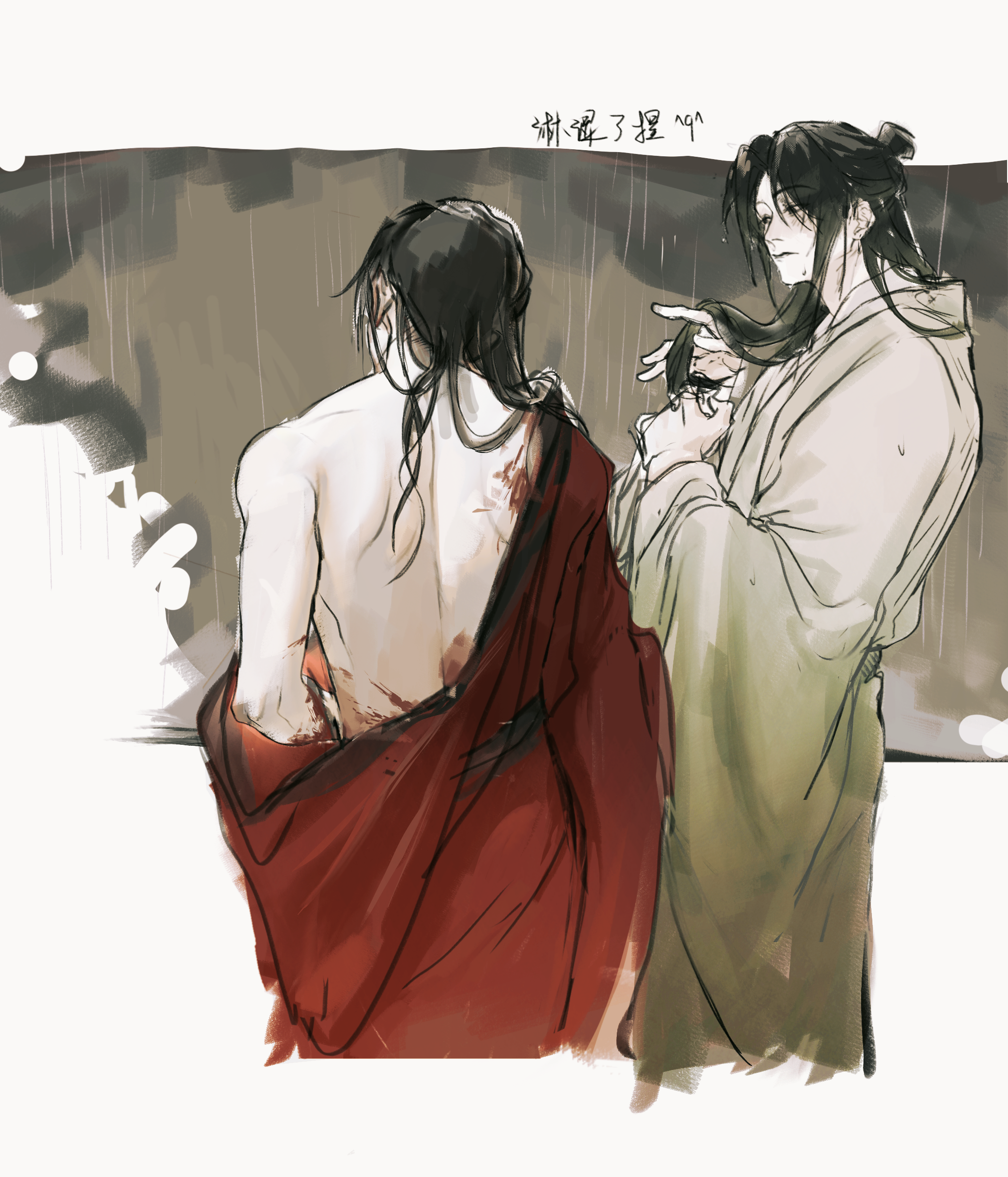 2boys absurdres adjusting_hair back bare_back black_hair blood blood_on_arm blood_on_back chinese_clothes chinese_commentary clothes_down coat coat_partially_removed dao_gui_yi_xian faux_traditional_media from_behind hair_bun hair_down half_updo hanfu highres holding holding_own_hair ink_wash_painting li_huowang long_hair looking_at_another male_focus multiple_boys muyuyouyang off_shoulder rain red_coat robe single_bare_shoulder single_hair_bun undressing wet wet_clothes wet_hair white_hanfu yaoi zhuge_yuan
