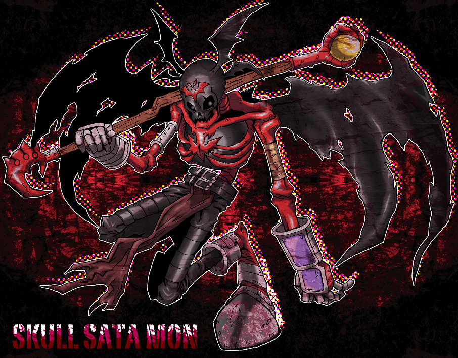 1boy artist_request bat_wings character_name demon demon_wings digimon digimon_(creature) full_body head_wings holding holding_weapon looking_at_viewer mark_of_evil scar skeleton skull skullsatamon solo staff weapon wings