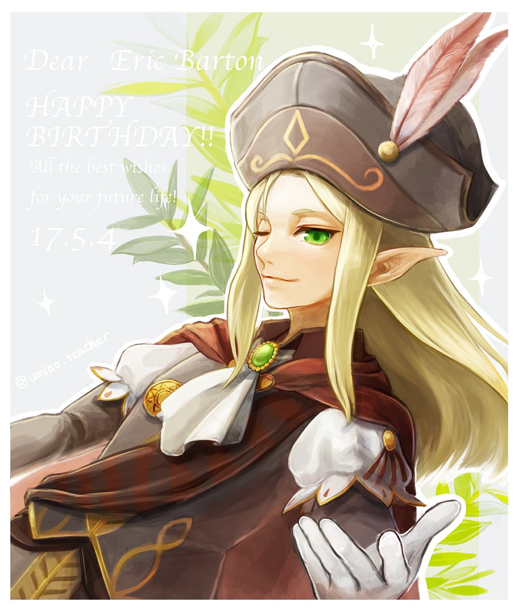 1boy birthday bishounen blonde_hair dated elf english_text erik_burton gloves green_eyes happy_birthday hat highres long_hair male_focus one_eye_closed pointy_ears pop-up_story smile solo twitter_username umino_kiri white_gloves