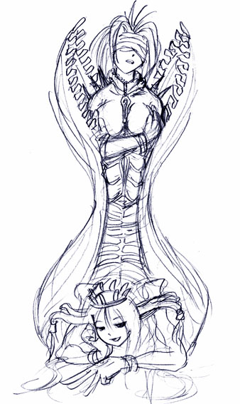00s 2girls aeon_(ffx) aeon_(final_fantasy) anima_(ffx) anima_(final_fantasy) bad_anatomy bandages final_fantasy final_fantasy_x long_hair multiple_girls poorly_drawn sketch two_heads