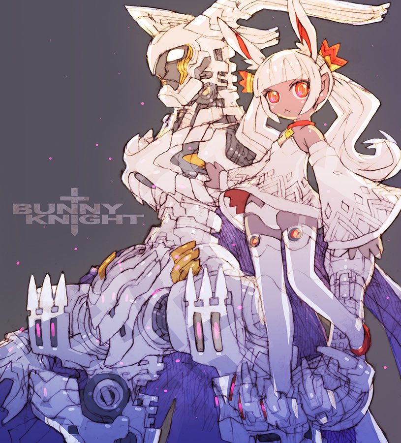 1girl bare_shoulders bunny_day commentary dark-skinned_female dark_skin dress full_body grey_background long_hair nakayama_tooru original panties rabbit_girl red_eyes robot robot_girl strapless strapless_dress symbol-only_commentary thighhighs twintails underwear white_dress white_hair white_panties white_thighhighs