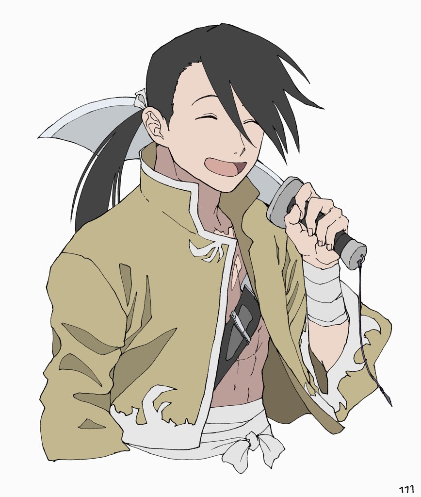 1boy ^_^ arm_up bandaged_arm bandaged_waist bandages black_hair black_straps chest_strap closed_eyes collared_jacket cropped_torso dao_(weapon) fullmetal_alchemist hair_between_eyes holding holding_sword holding_weapon jacket ling_yao long_hair male_focus multicolored_jacket open_mouth ponytail simple_background smile solo sword tongue ufkqz weapon white_trim yellow_jacket